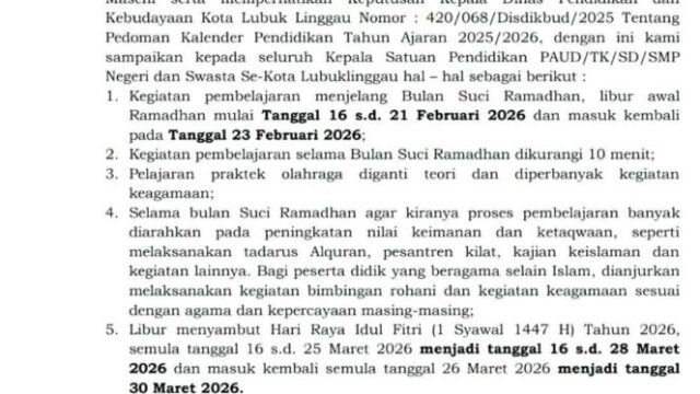 Disdik LubukLinggau Revisi Jadwal Libur Ramadan Dan Idul Fitri 1447 H/2026 M